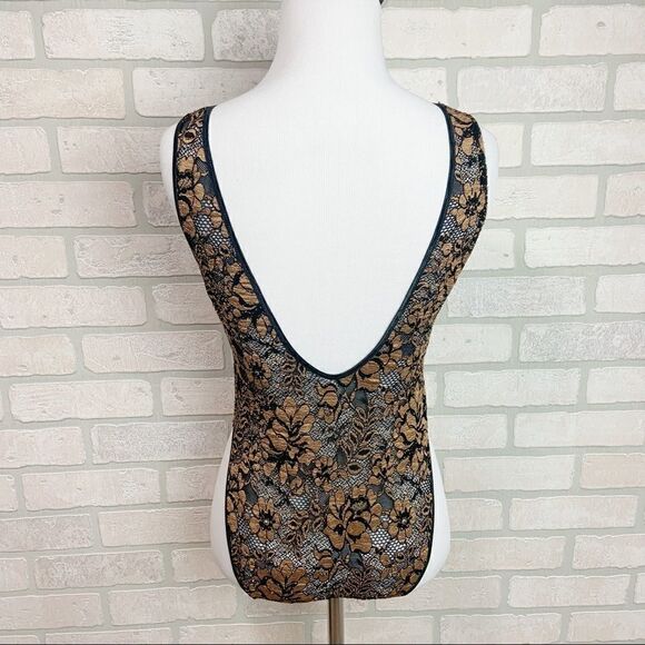 Vtg 80's Natori Black and Gold Lace BodySuit I7 - Picture 3 of 7